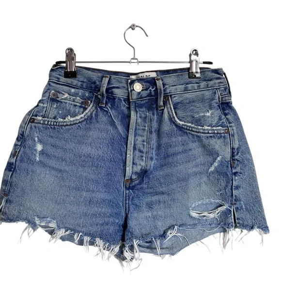 Agolde Frayed Hem High-Rise Denim Shorts - Blue Wash - Picture 3 of 8